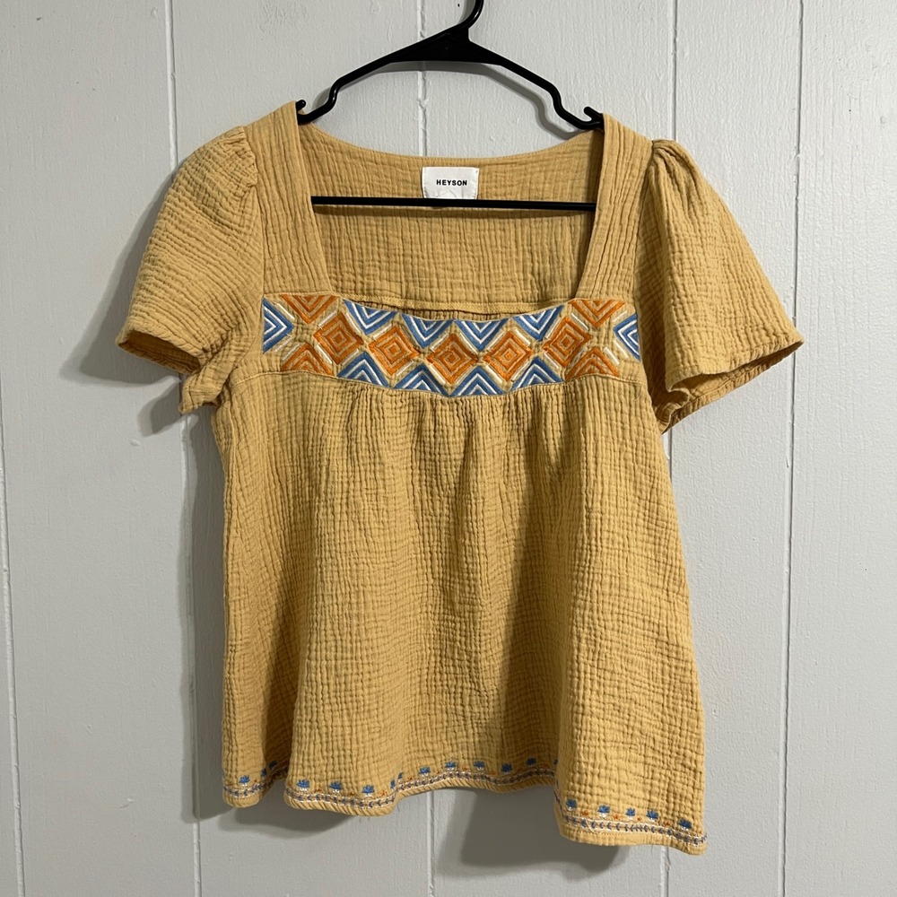 Heyson Womens Embroidered Top Size S Square Neck Boho Mustard Yellow 70s